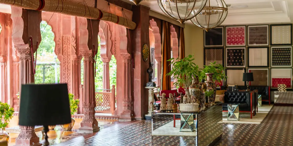 The lobby of a heritage hotel in Rajasthan