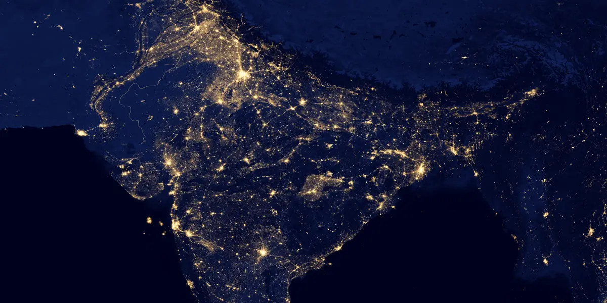 India at night seen from space, lit up by its cities